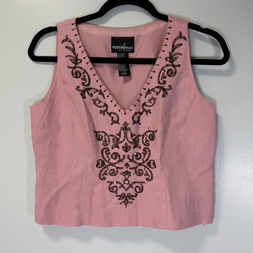 Positive Attitude Pink‎ Embroidered Crop Sleeveless Linen Blend Top 4P